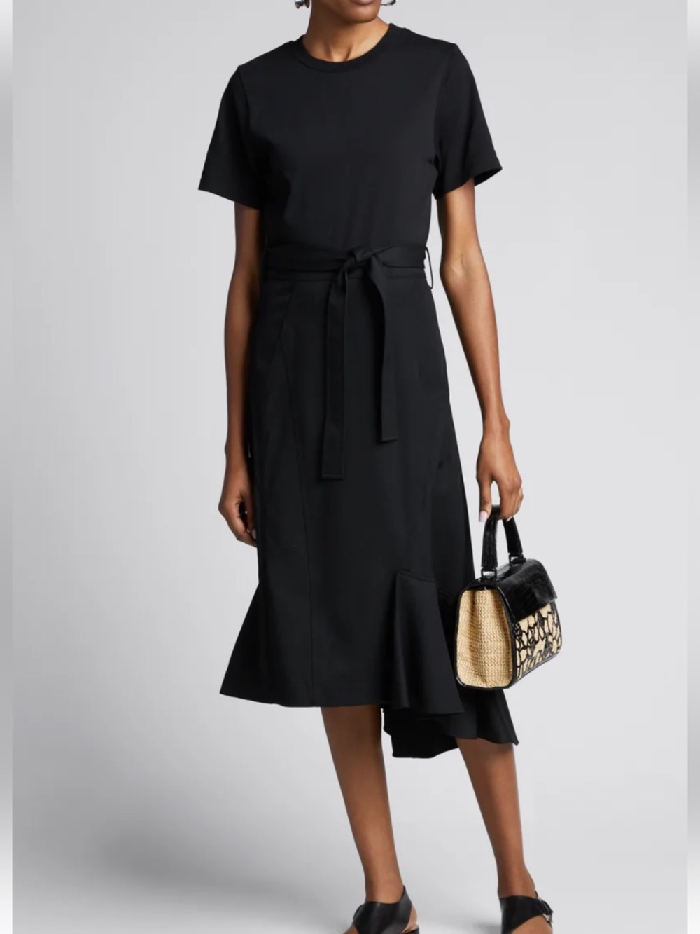 3.1 Phillip Lim Black Belted Wool Combo T-shirt Dress Crewneck Flared Hem Size 6